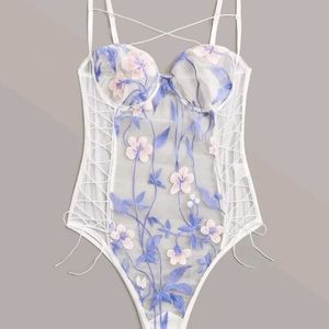 Floral Embroidery Lace Up Mesh Teddy Bodysuit - Brand New- With Free Gift
